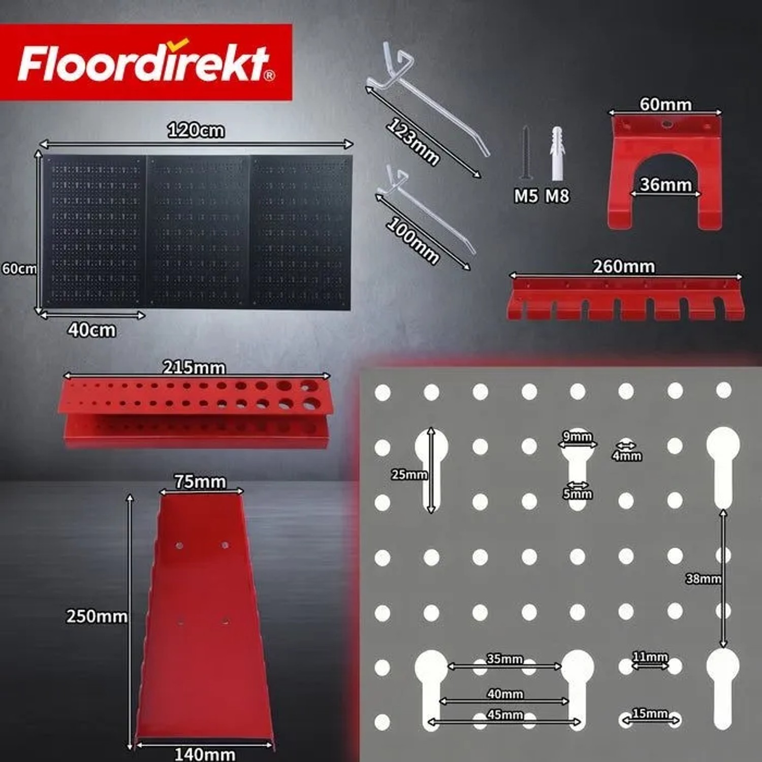 Floordirekt Werkzeugwand Parker Set mit Lochplatten, Werkzeughalter in Schwarz und Rot.