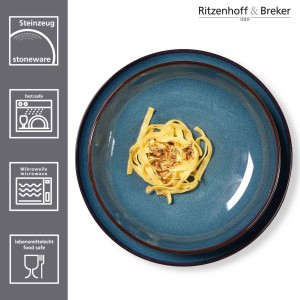 Ritzenhoff & Breker Bali Tafel-Set, 8-teilig, blaues Steinzeug Geschirr mit Pasta.