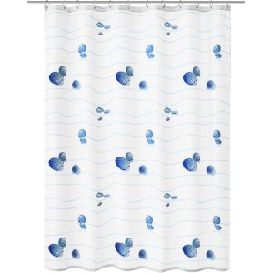 Kleine Wolke Duschvorhang Miami, 120x200 cm, blaues Muscheldesign auf weißem Grund.