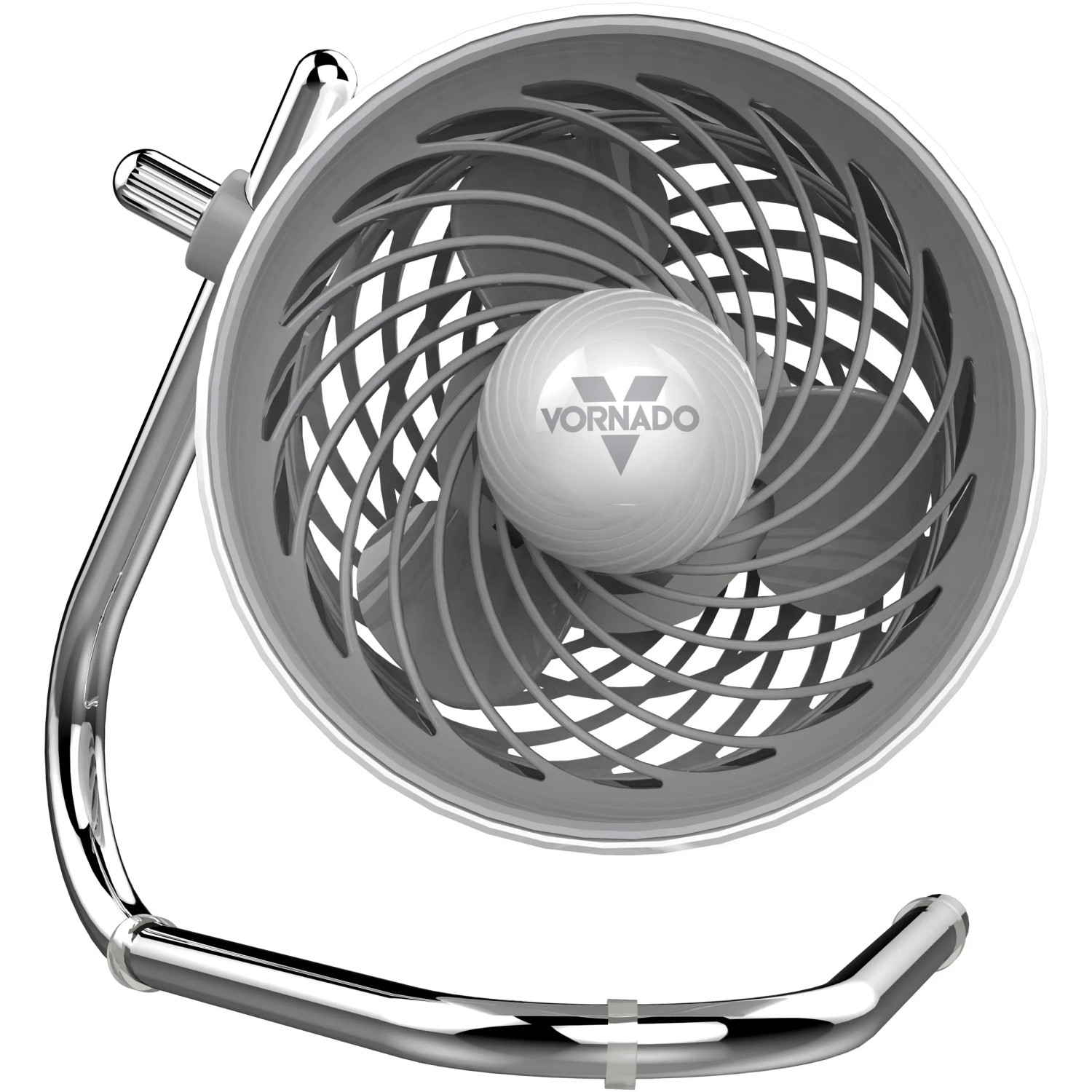 Vornado Pivot Tischventilator in Eisgrau, kompakter Ventilator mit Chromfuß.