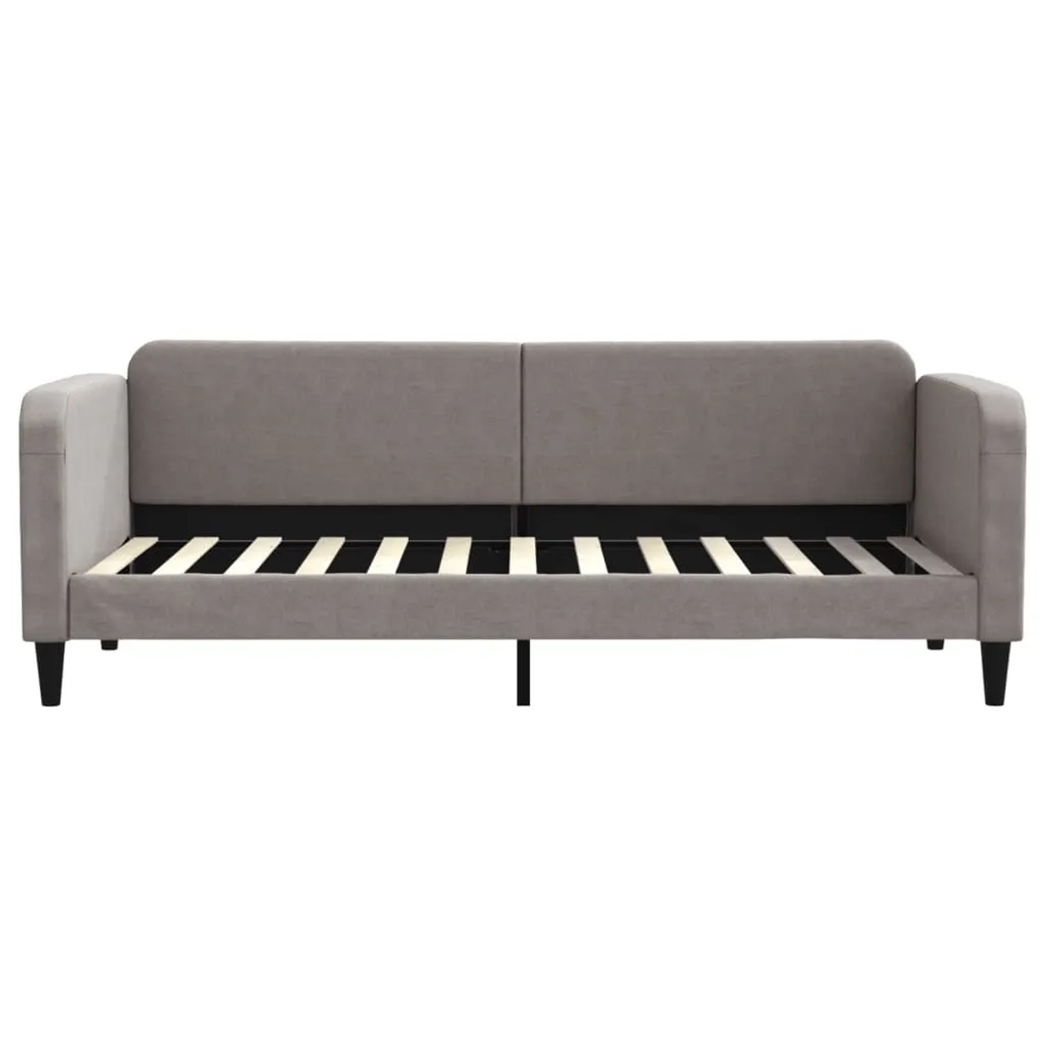 Ausziehbares Tagesbett in Taupe, Stoffbezug, Lattenrost sichtbar. Ideal als Gästebett.