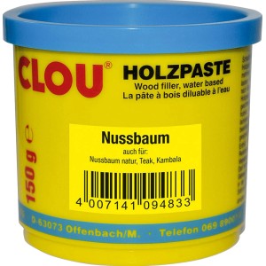 Clou Holzpaste Nussbaum, 150g Dose. Wasserverdünnbarer Holzspachtel für Reparaturen im Innenbereich.