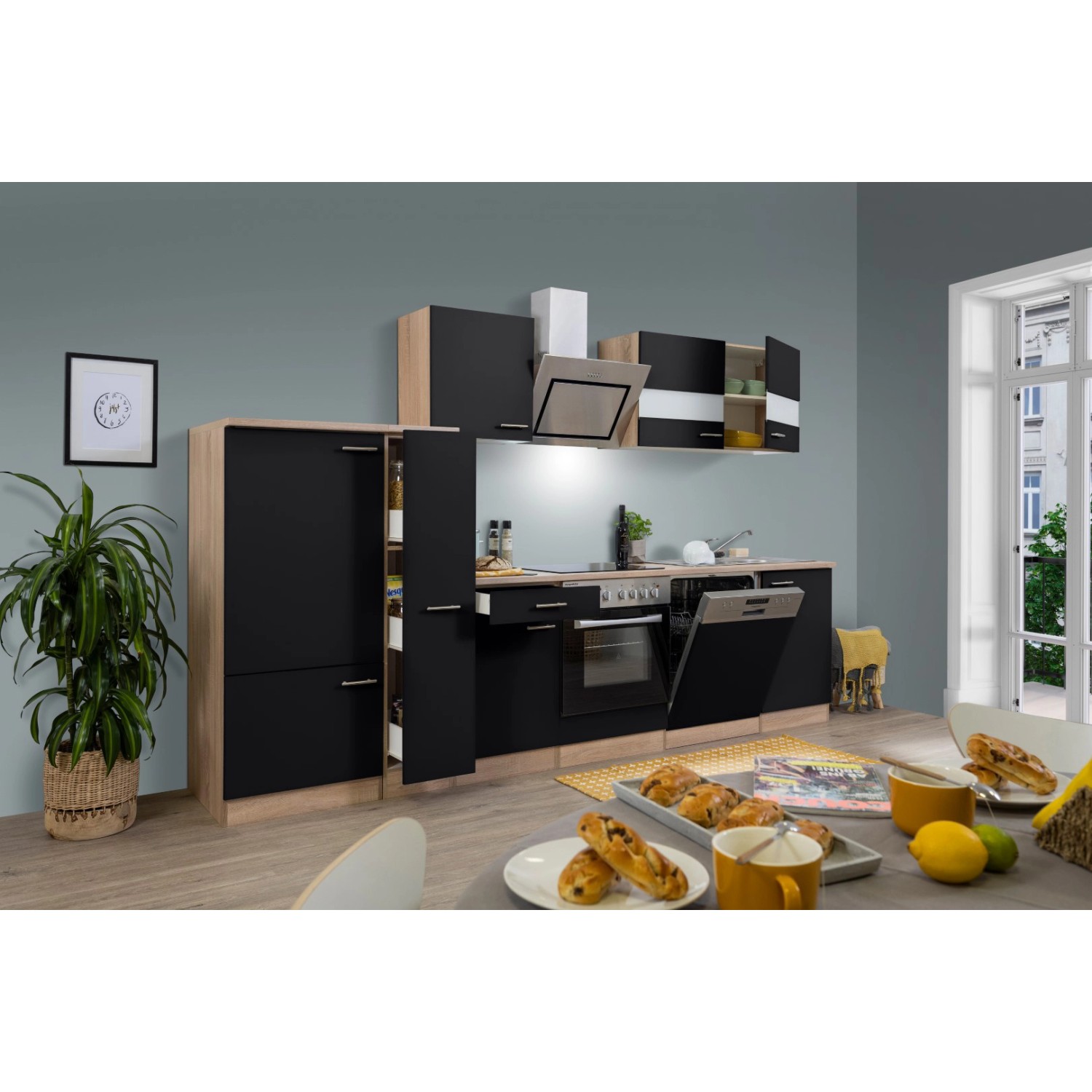 Respekta Economy Küchenzeile KB310ESSSC, 310 cm, Schwarz und Eiche Sägerau Optik mit E-Geräten.