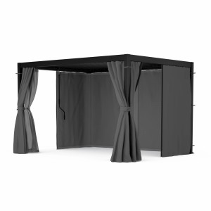 Schwarze Blumfeldt LuminaHaven Pergola 3x4 mit Vorhängen und Moskitonetzen.