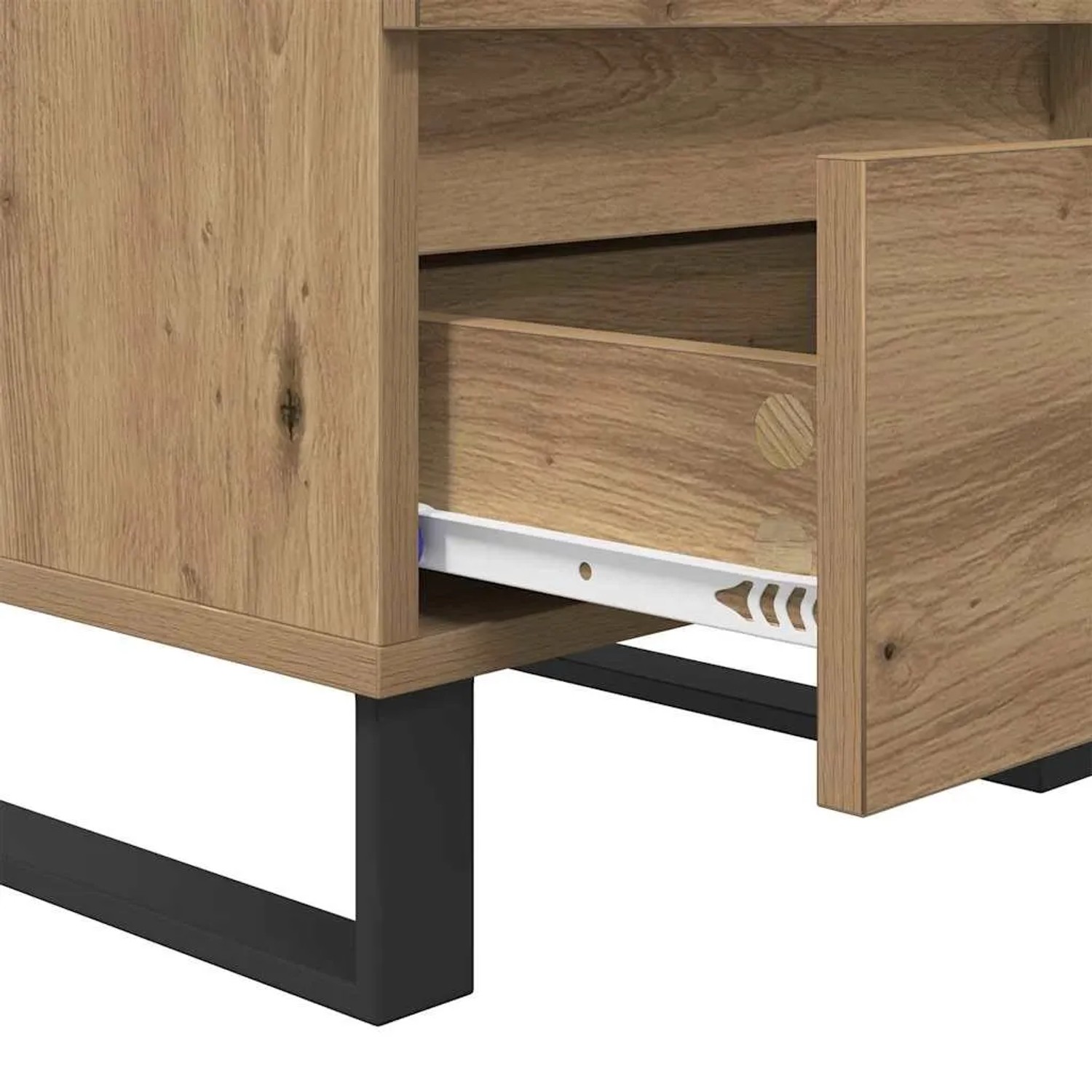 Nachttisch Artisan-Eiche mit leicht geöffneter Schublade, zeigt Holzwerkstoff, Auszug und schwarzen Metallrahmen.