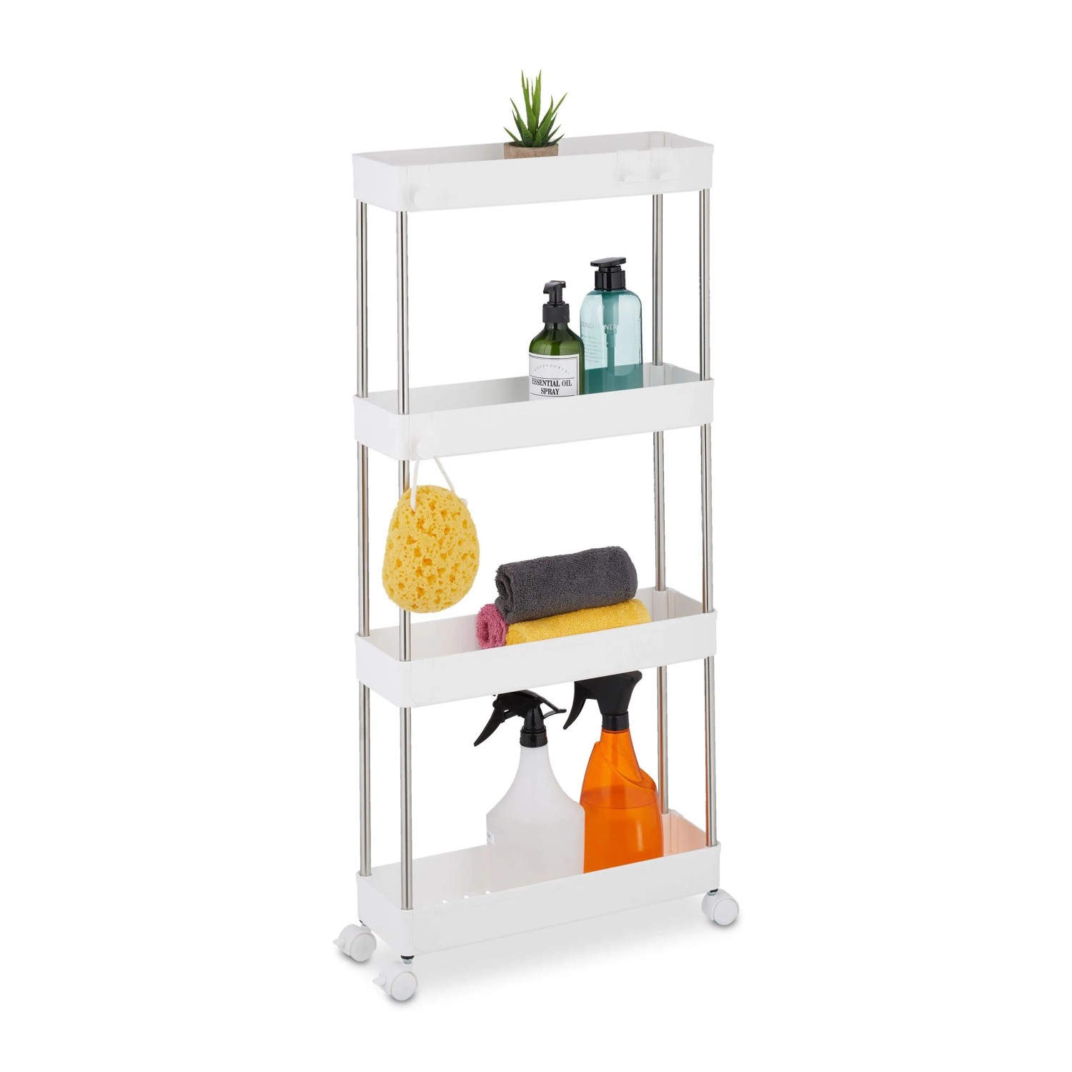 Relaxdays Nischenwagen mit 4 Ebenen Kunststoff Edelstahl Weiß Silber Rollbar 88 cm x 41,5 cm x 14,5 cm
