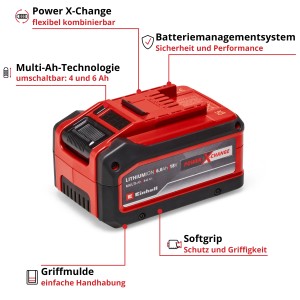 Einhell Power X-Change Akku 18V, 4-6 Ah Multi-Ah PXC Plus, rot/schwarz. Akku für Elektrowerkzeuge.