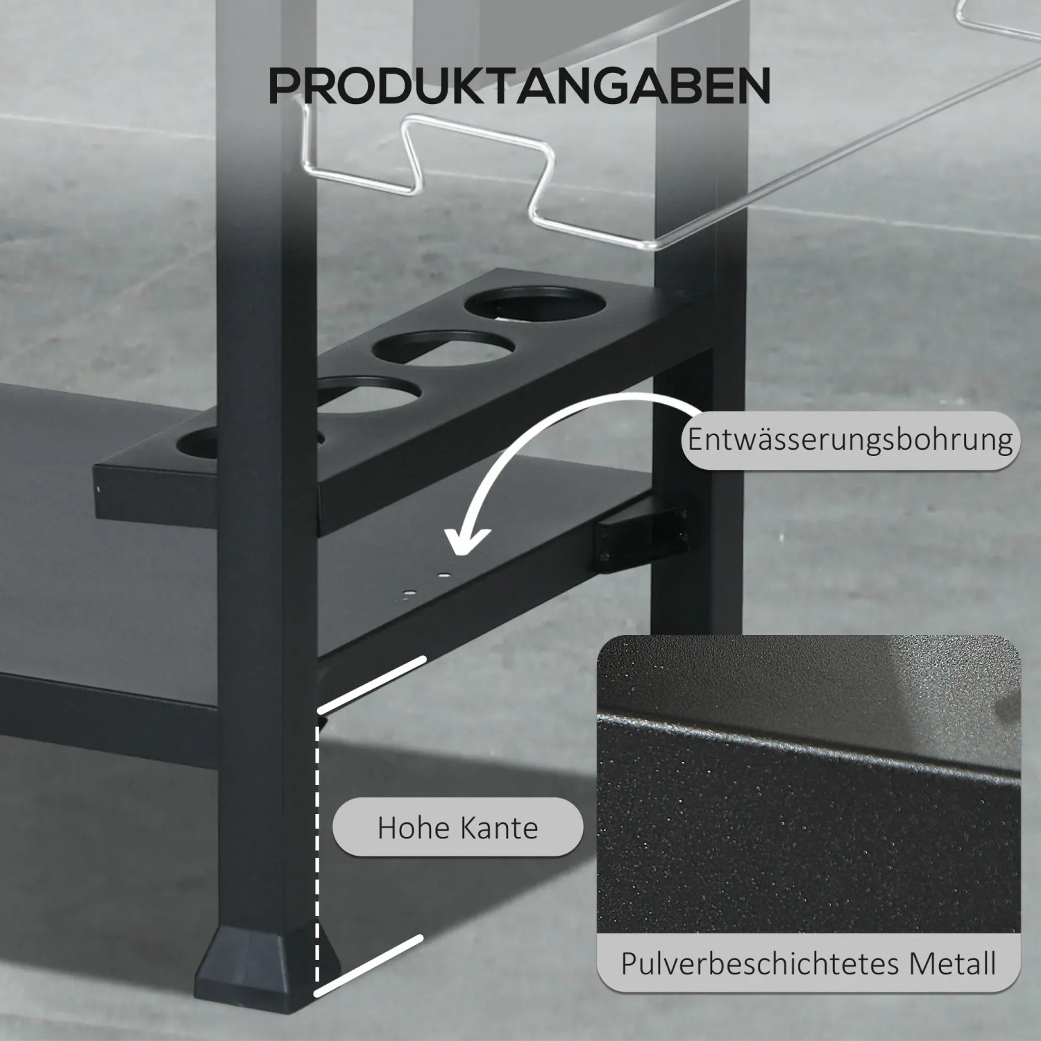 Detailansicht Outsunny Grillwagen: Schwarzes Metallgestell mit Ablagen und Edelstahl-Elementen.