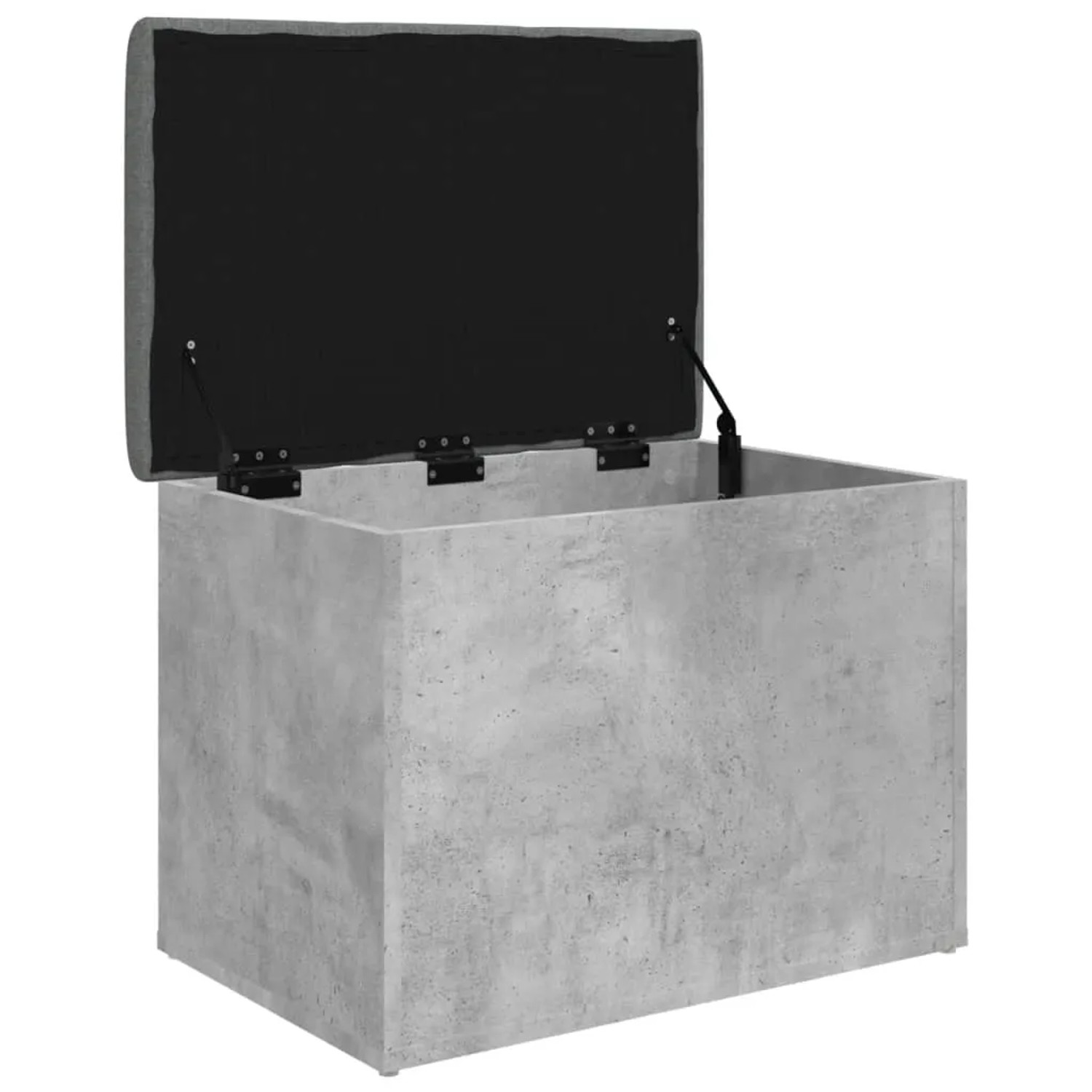 Offene, betongraue Sitzbank mit Stauraum und dunklem Sitzkissen. Möbel für Flur oder Wohnzimmer.