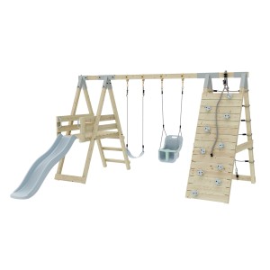 PolarPlay Klettergerüst Schmetterling Eisblau mit Schaukel, Rutsche und Kletterwand.