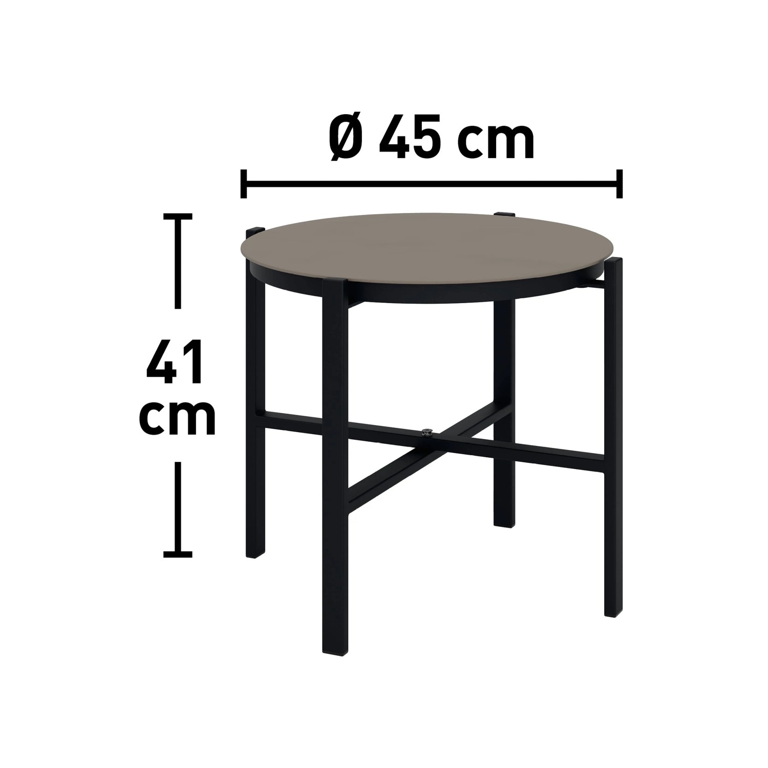 Tisch aus dem Balkonmöbel-Set Tapena, Stahlgestell schwarz, Tischplatte taupe, Ø 45 cm.