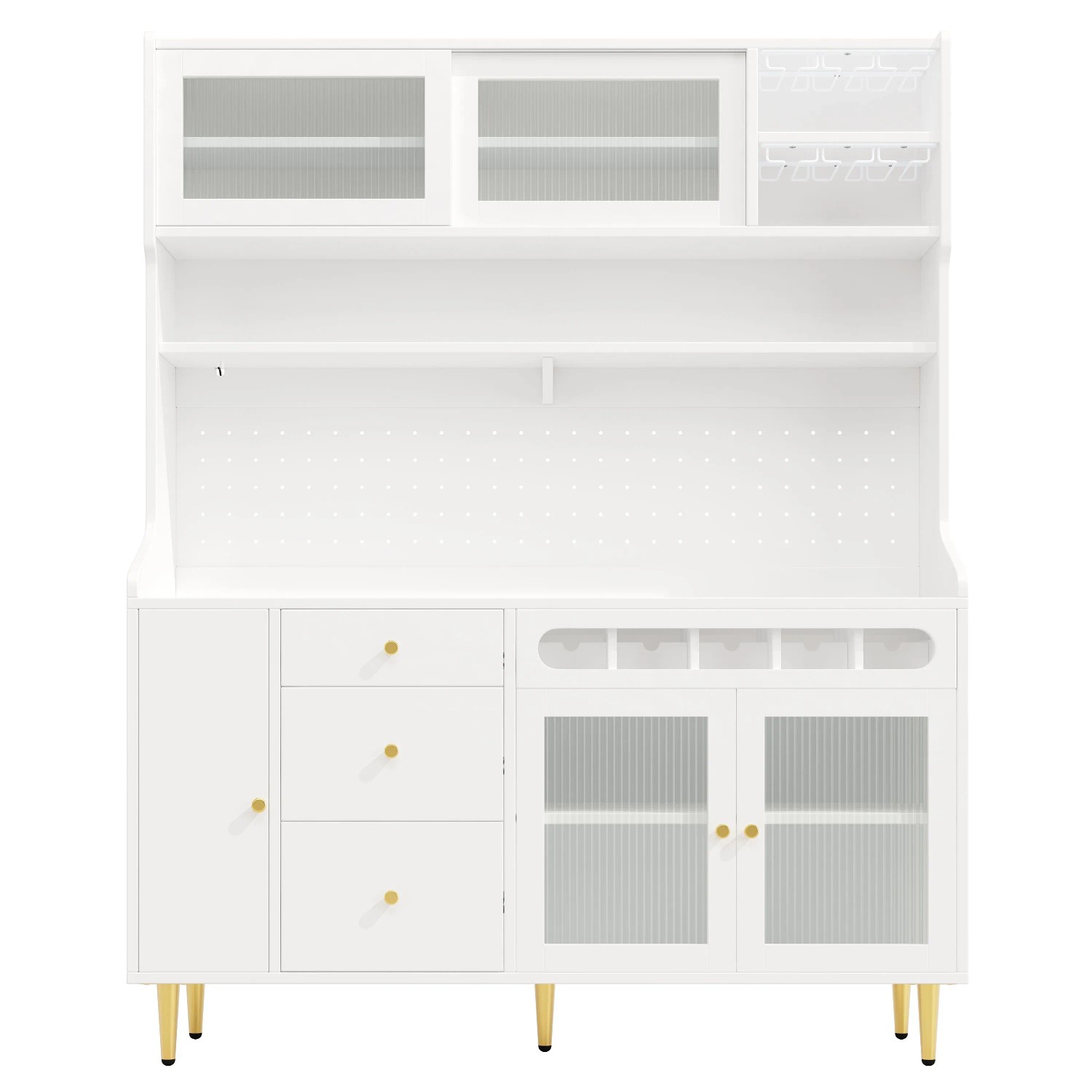 okwish Hochschrank mit LED Licht Weinregal Schublade Wohnzimmer 145x39x171cm Weiß