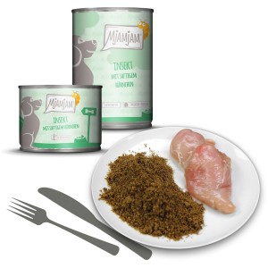 Mjamjam Hundenassfutter Insekt mit Huhn, 800g Dose und Portion auf Teller.