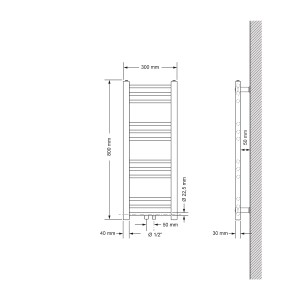Technische Zeichnung: Anthrazit Badheizkörper 300x800mm mit Eck-Anschlussgarnitur und Wandmontage.