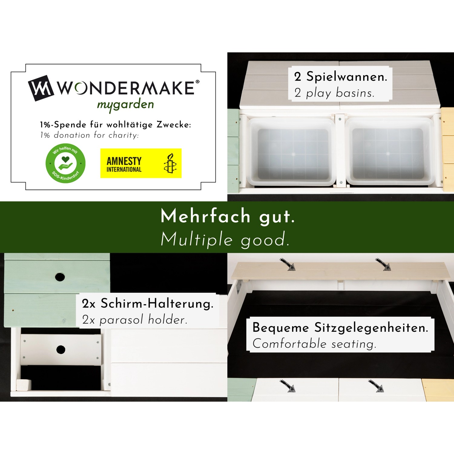 WONDERMAKE Sandkasten arena2 aus Holz mit Matschküche und Spielwannen.