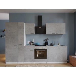Respekta Küchenblock Malia 300 cm in Betonoptik mit E-Geräten wie Kühl-/Gefrierkombination.