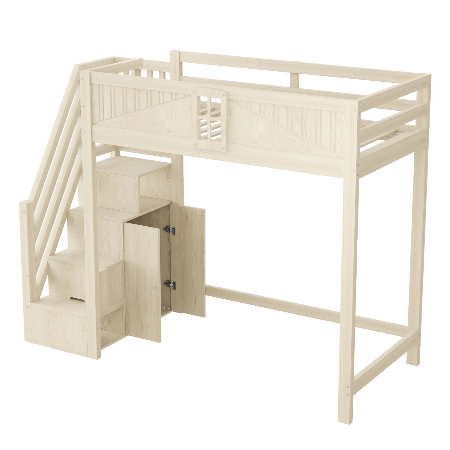 okwish Hochbett 90x200cm mit Sicherheitstür Fenster Stauraumleiter Jugendbett Natur ohne Matratze
