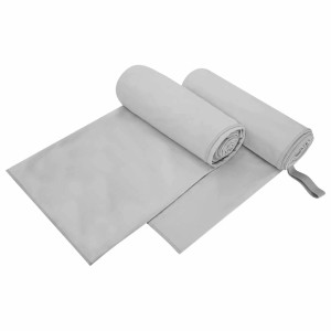 Zwei graue vidaXL Sporthandtücher, teils gerollt, aus Polyester und Polyamid.
