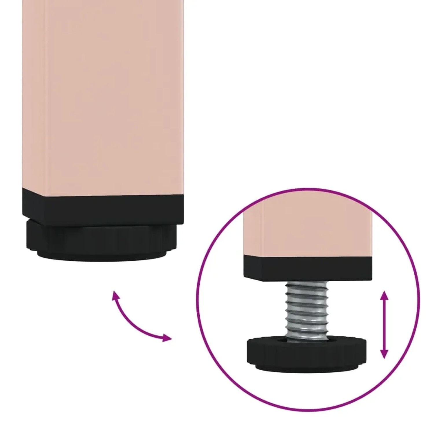 Detailaufnahme: Verstellbare Füße der rosa vidaXL Nachttische aus Stahl für optimalen Stand.