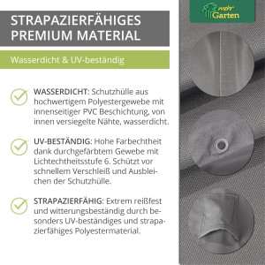 Detailansicht der grauen Premium Schutzhülle für runde Sitzgruppen von Mehr Garten.