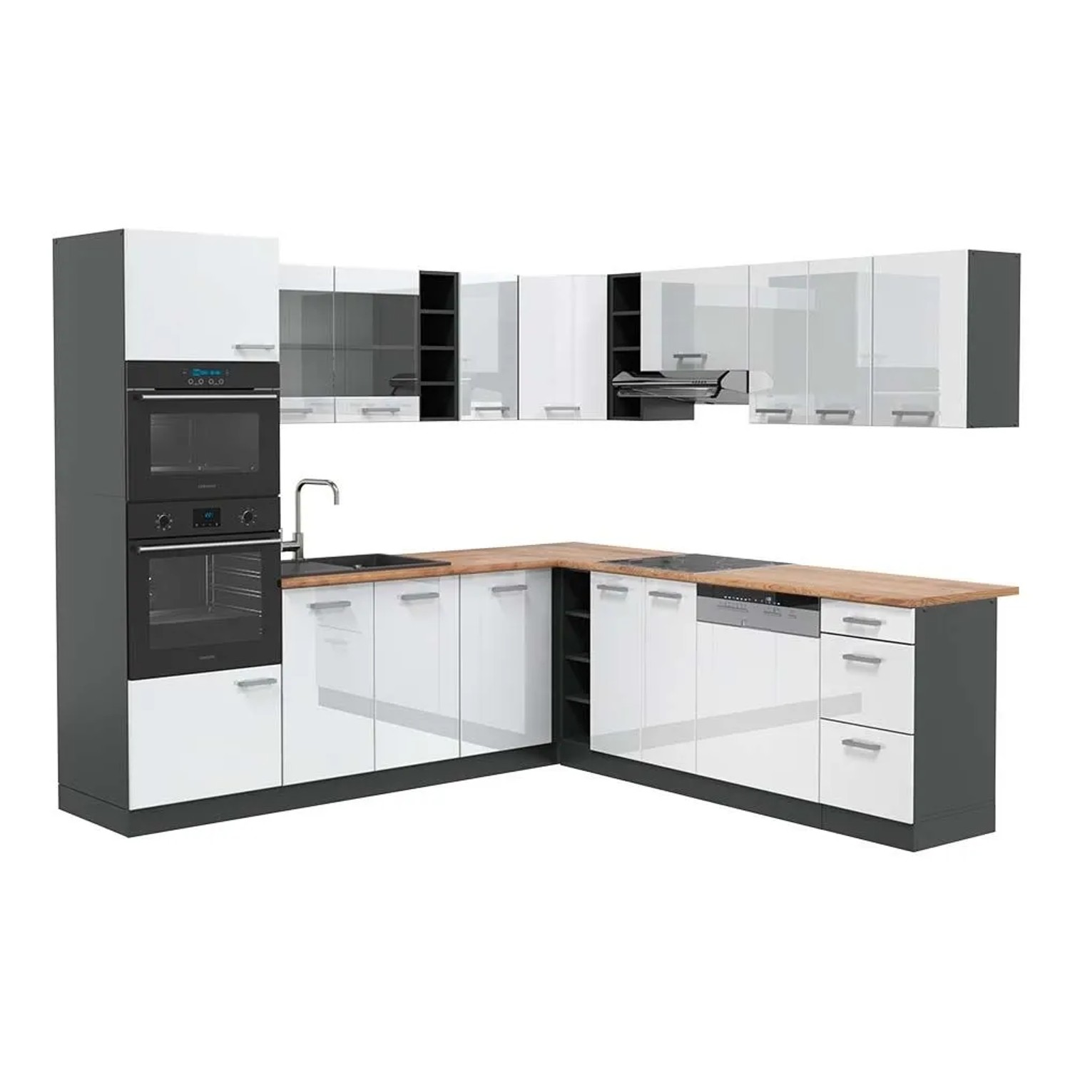 Vicco Eckküche R-Line Weiß Hochglanz/Anthrazit 247 x 82, AP Eiche