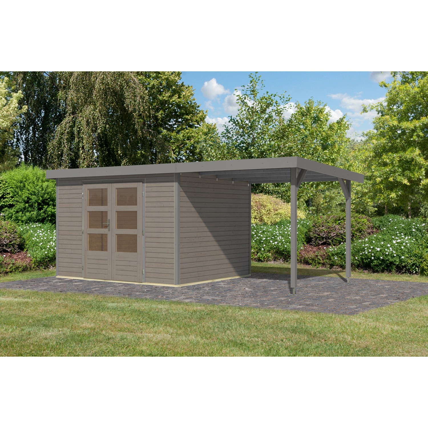 Karibu Gartenhaus Ernesto 5 D m. Anbaudach Wassergrau/Grau 209 x 298 x 242 günstig online kaufen