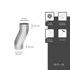 Zambelli Sockelknie DN 100, verzinkt, silber. Gebogenes Fallrohr-Element für Metall-Dachrinnen, korrosionsbeständig, einfache Montage.