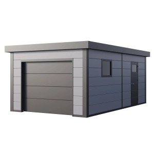 Hellgraue Fertiggarage (358x628cm) mit Sektionaltor, Seitentür und Fenster.