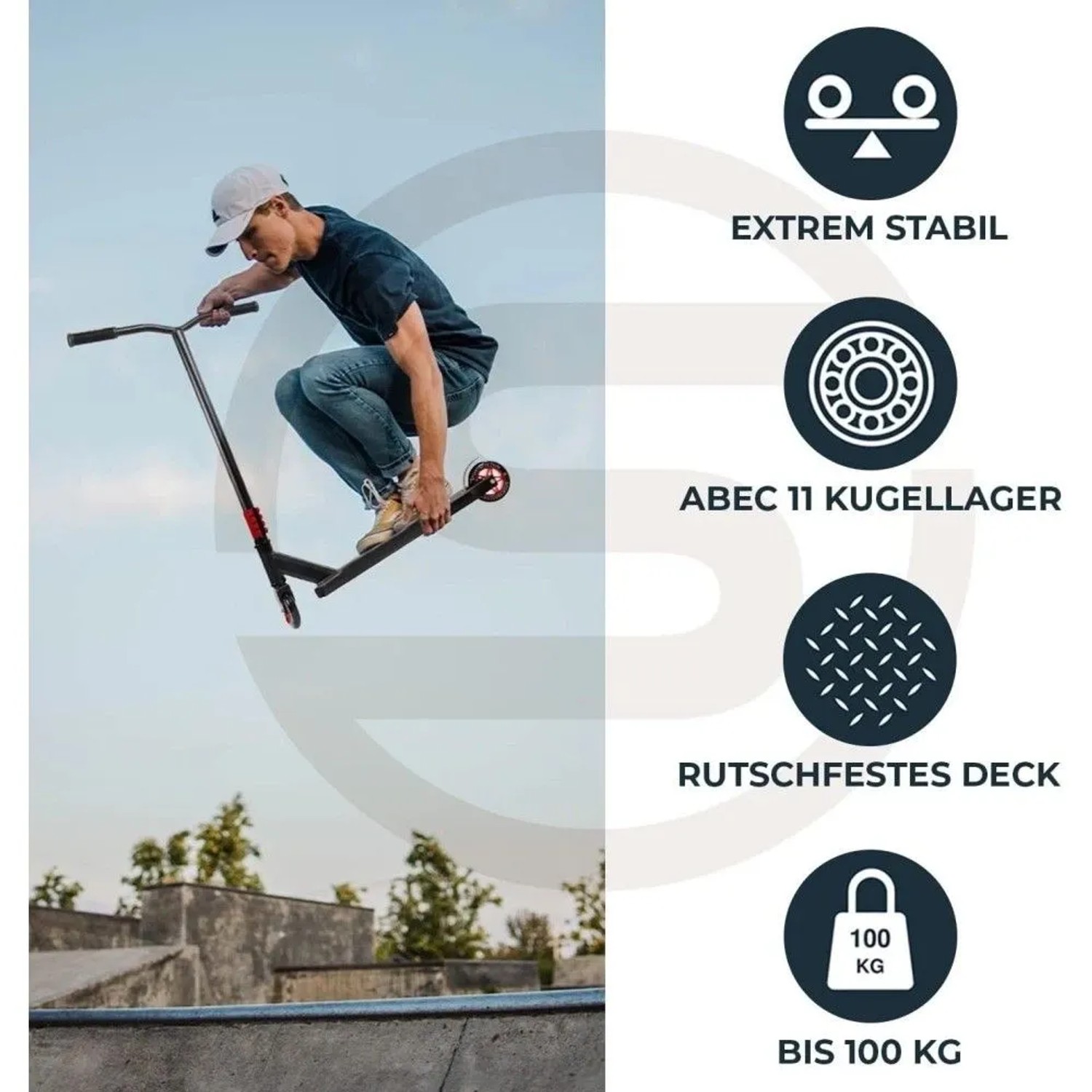 Roter Sportisfaction Stuntscooter mit ABEC11 Kugellager bei einem Stunt im Skatepark.