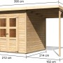 Karibu Holz-Gartenhaus Vellinge, unbehandelt, mit Maßangaben. Ideal zur Gartenaufbewahrung.