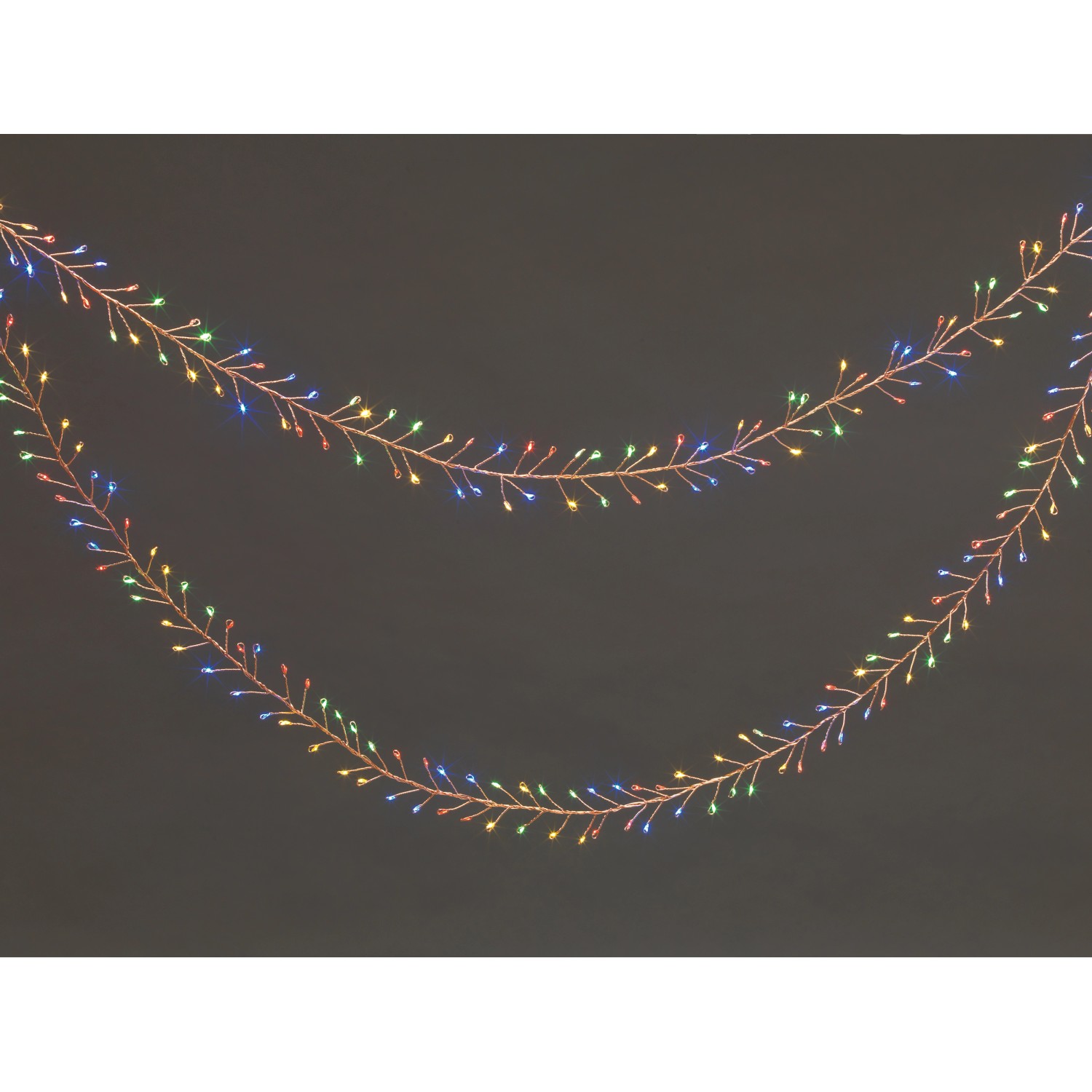 LED-Drahtlichterkette mit 240 Multicolor LEDs und transparentem Kabel für Innen- und Außenbereiche.