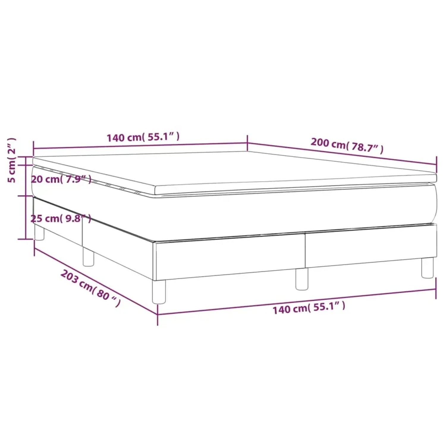 Dunkelbraunes vidaXL Boxspringbett 140x200 cm mit Matratze und Topper.