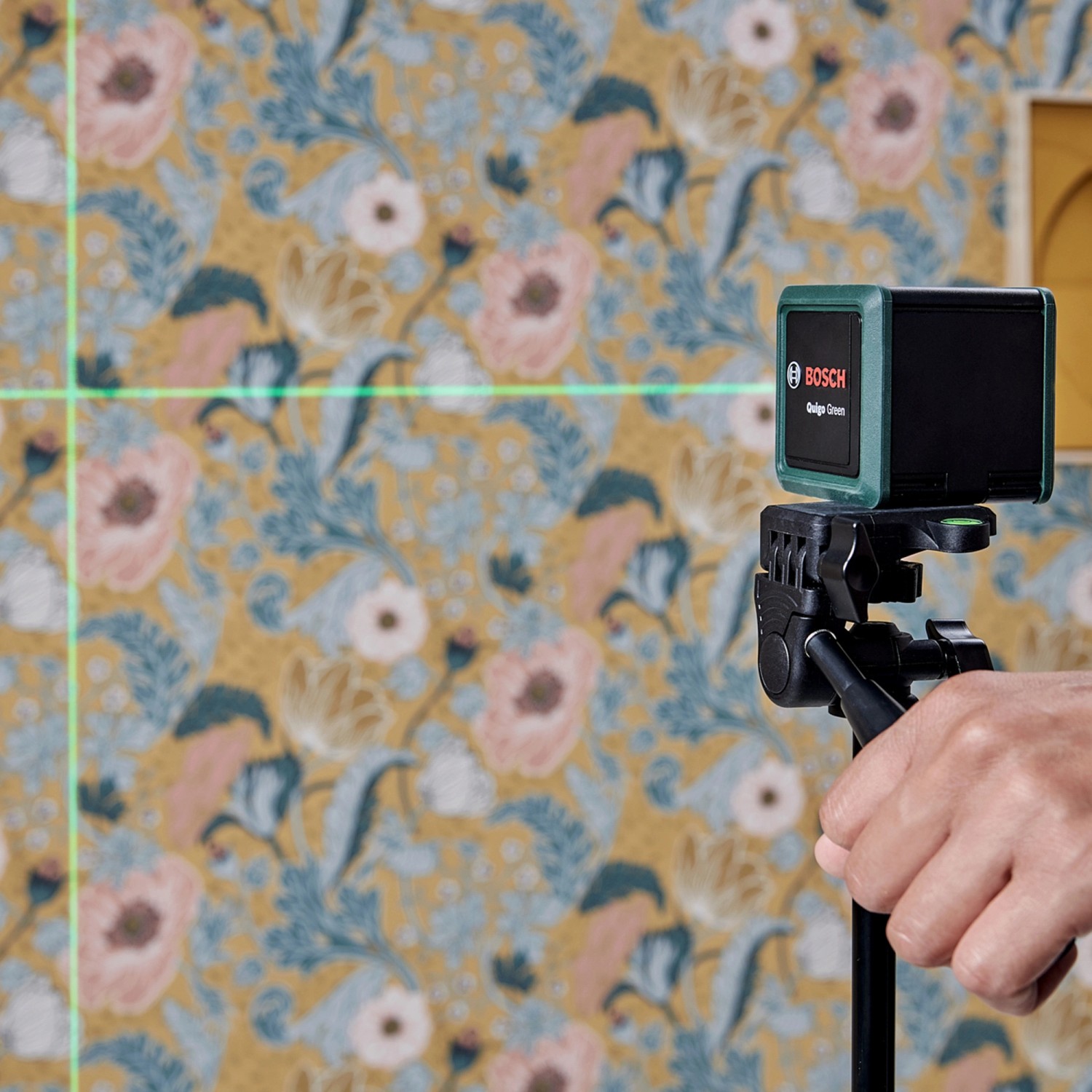 Bosch Quigo Green Kreuzlinienlaser mit Stativ projiziert grüne Laserlinien an gemusterte Wand.