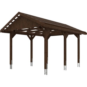 Satteldach-Carport Wallgau in Nussbaum, 380x500 cm, mit Dachlattung. Holzkonstruktion mit sechs Pfosten.