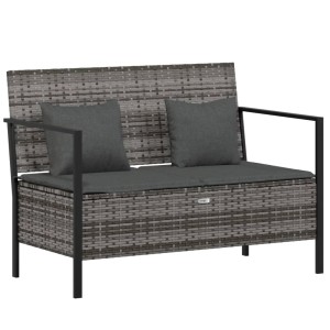 Graue 2-Sitzer Gartenbank aus Polyrattan mit Kissen und Stauraum.