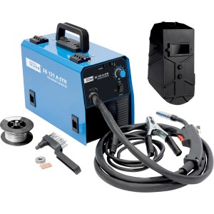 Güde Fülldraht-Schweißgerät SG 131 A-SYN mit Zubehör wie Schweißschirm und Drahtspule.