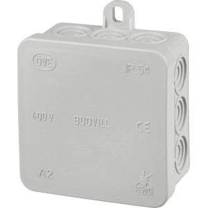 Grauer Abzweigkasten Aufputz, 75x75mm, IP54, mit vier Anschlussmöglichkeiten für Innen- und Außenbereich.