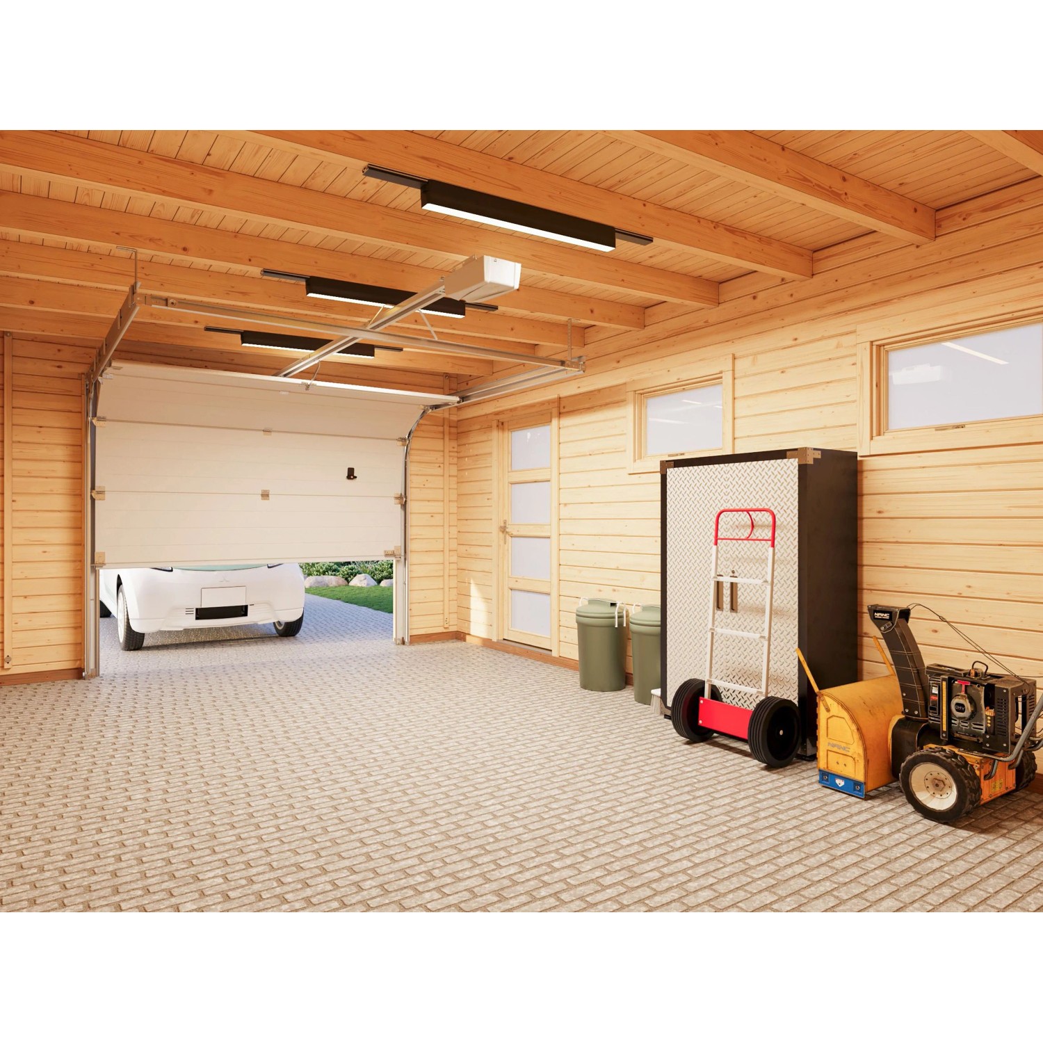 Palmako Holzgarage Rasmus mit Sektionaltor, naturbelassen. Innenansicht mit Auto und Gartengeräten.