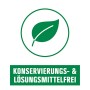 Symbol: Wandfarbe frei von Konservierungs- und Lösungsmitteln, mit Blatt-Symbol.