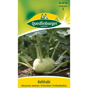 Samenpackung Quedlinburger Kohlrabi 'Delikateß weißer' mit reifen, weißen Knollen und grünen Blättern.