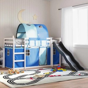 Blaues vidaXL Etagenbett mit Rutsche, Vorhängen und weißem Holzrahmen. Abenteuerbett für Kinder.