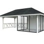 Palmako Pavillon Bianca Set, 588x300 cm, weiß lackiert, mit Schiebetüren und Geländer.