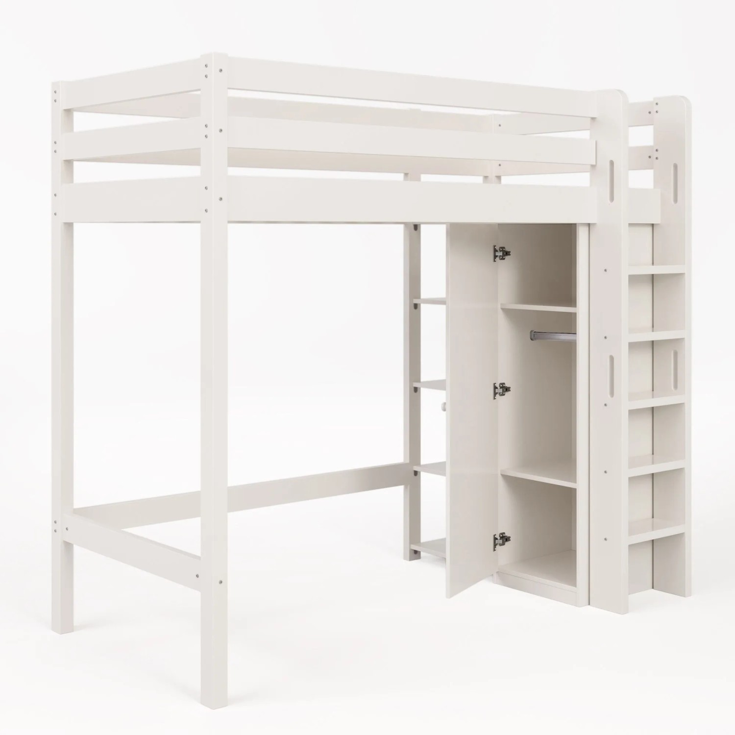 okwish Hochbett 90x200cm mit Kleiderschrank und 6 Regalen Weiß ohne Matratze
