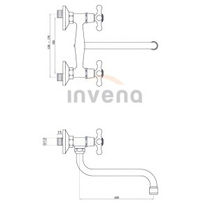 Technische Zeichnung der KOLMAN Küchenarmatur ROMA in Silber. Wandmontage, Zweigriff, S-Auslauf, mit Maßen.
