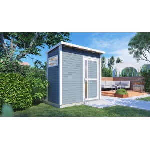 Graues Bertilo Gartenhaus Pentus 1 aus Holz (115x234cm) mit Tür und Fenster. Ideal als Gerätehaus.