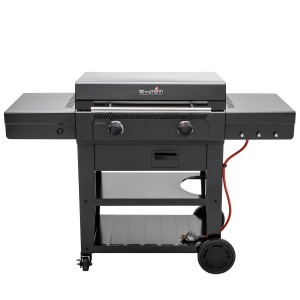 Char-Broil Versa-Tile Gasgrill mit Grill-, Brat- und Pizzafunktion. Schwarzer Grill mit Ablageflächen und Rädern.