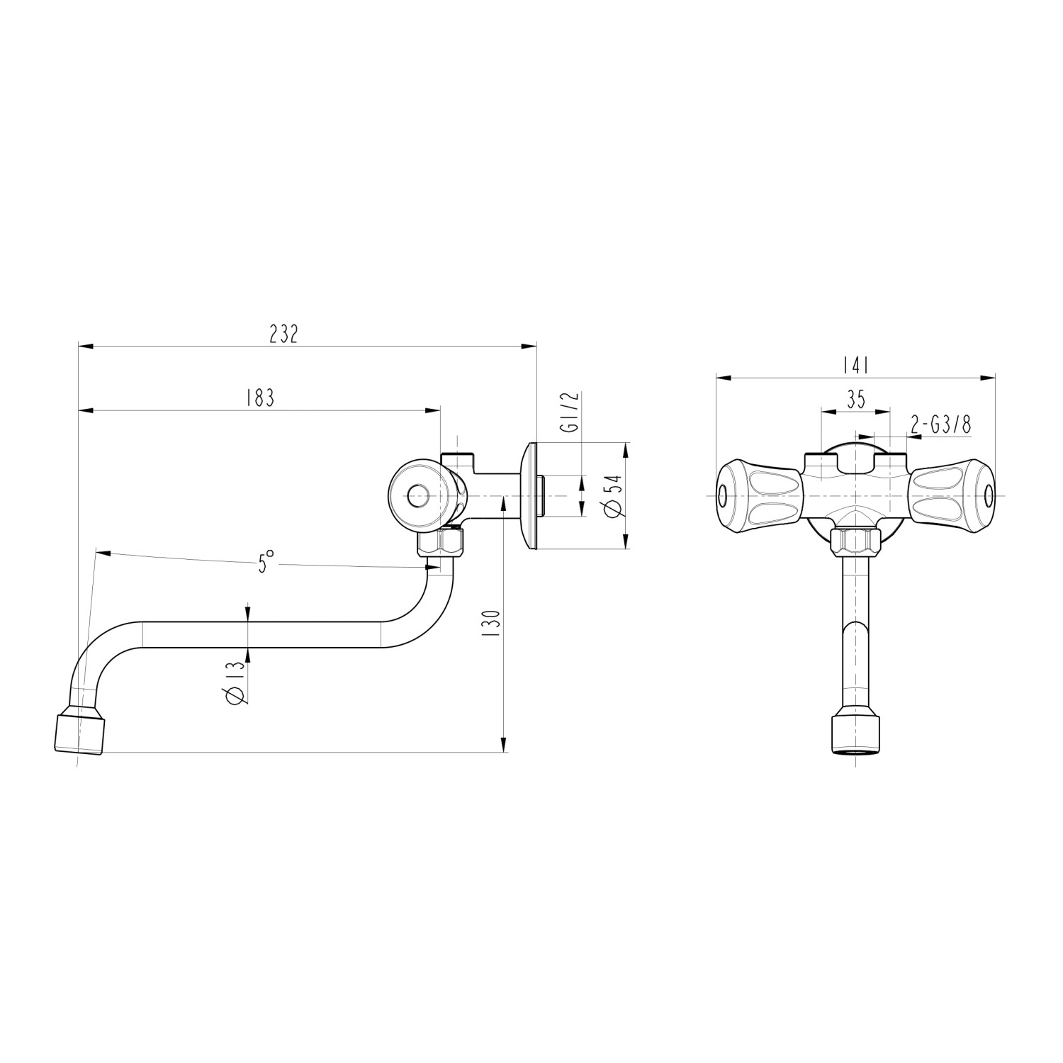 Technische Zeichnung Thermoflow ELEX35ARM Klein-Durchlauferhitzer mit Armatur, Maße und Details.