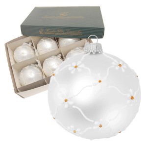 6er-Set silberne Krebs Glas Lauscha Weihnachtskugeln (8cm) mit Blumenmuster.