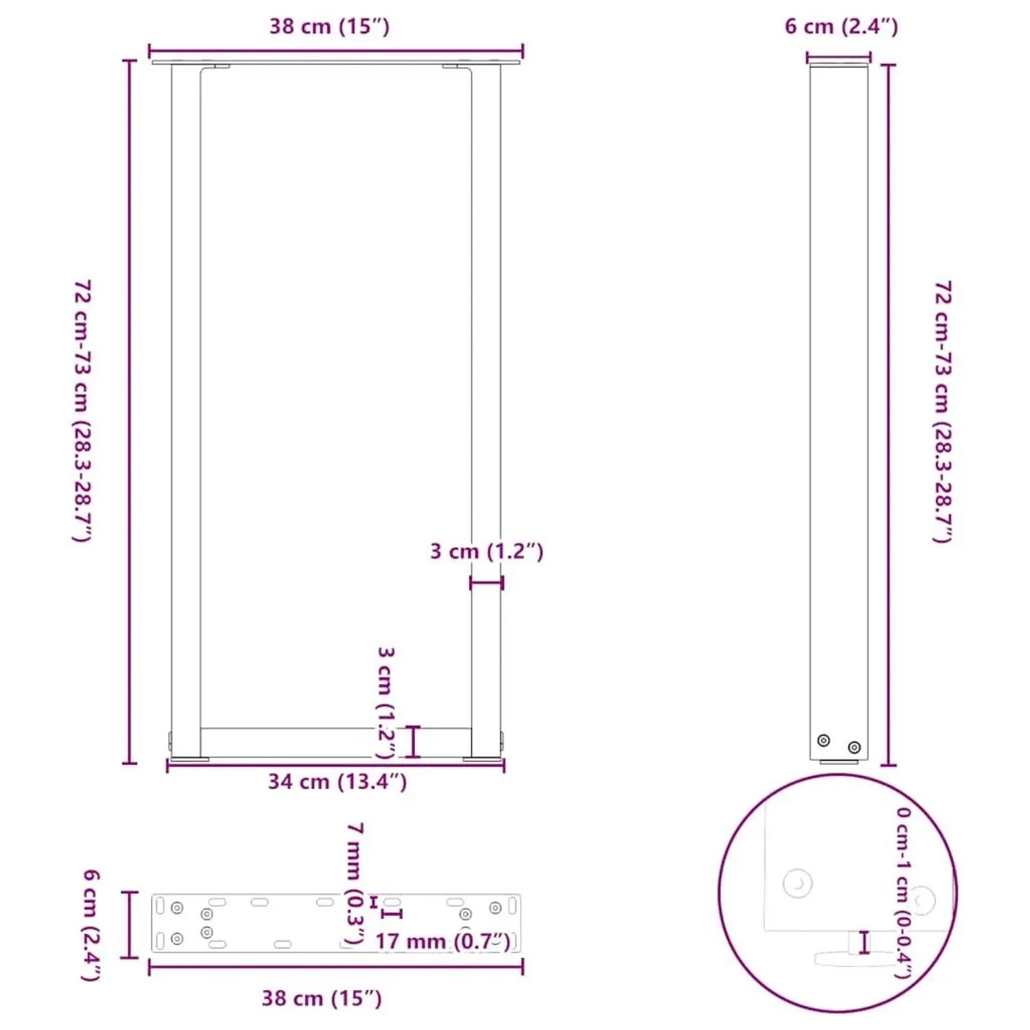 Anthrazit U-förmige Konsolentischbeine aus Stahl, 38x72-73 cm. Detaillierte Maßangaben und Befestigungspunkte für Möbelbeine.