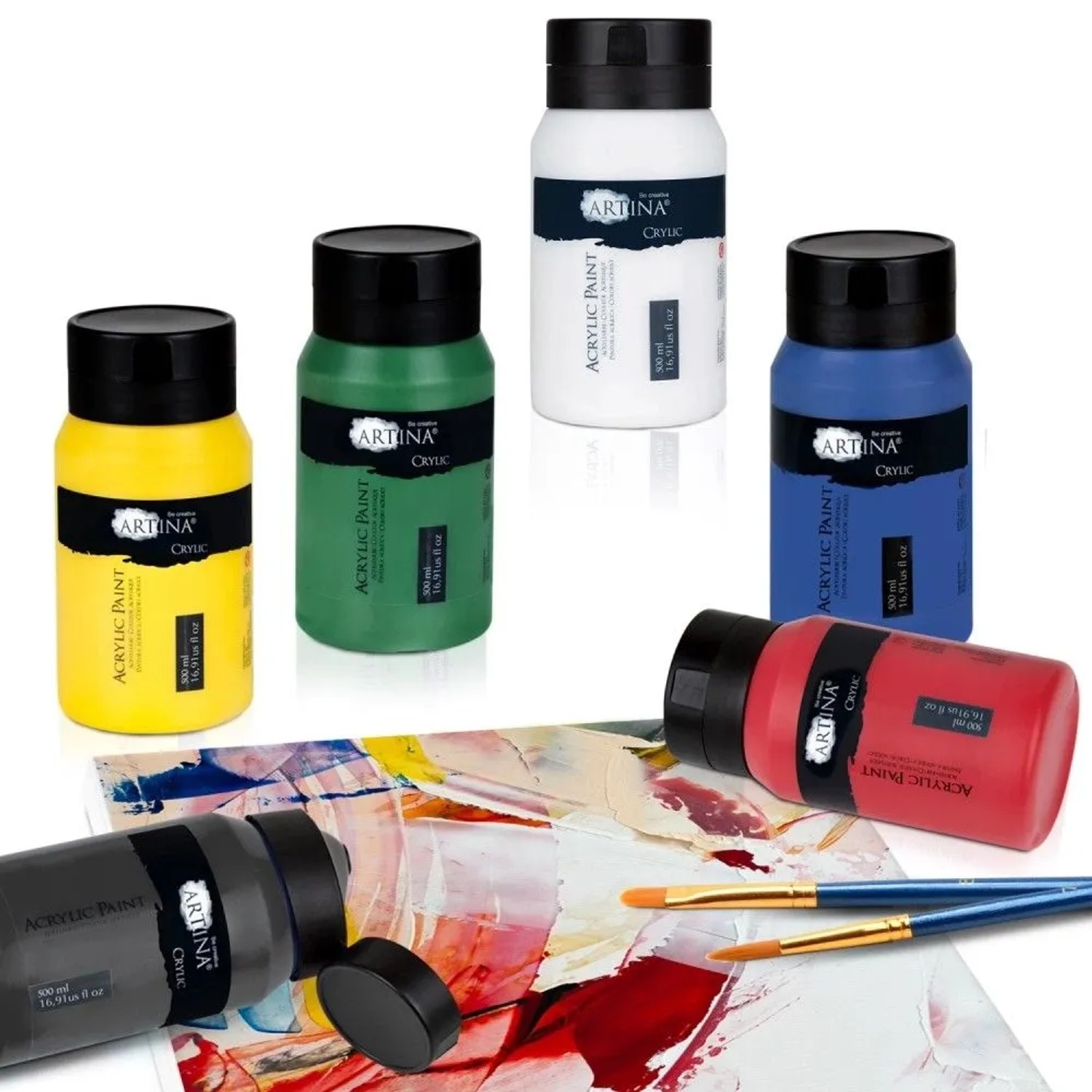 Artina Crylic Acrylfarben Set, 6 Farben (weiß, gelb, grün, rot, blau, schwarz) je 500ml.